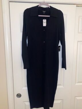Express Black Long Sleeve Button-Front Knit Midi Dress